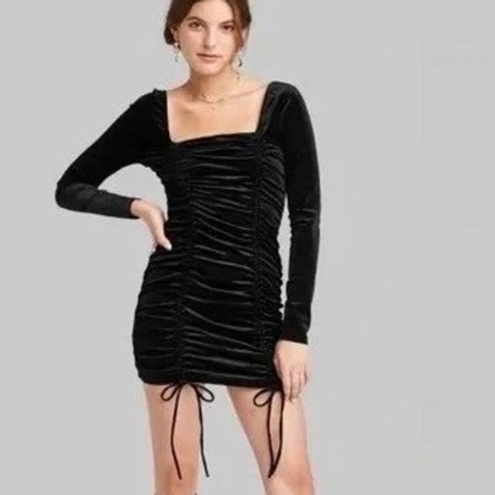 Long Sleeve Black Velvet Dress Square Neck‎ XL Whimsigoth Fairy Goth Witchy